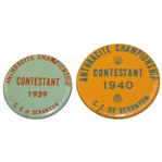 Ralph Hutchisons 1939 & 1940 Anthracite Championship at C.C. of Scranton Contestant Badges