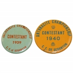 Ralph Hutchisons 1939 & 1940 Anthracite Championship at C.C. of Scranton Contestant Badges