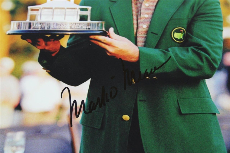 Mark O'Meara Signed Wearing Green Jacket Holding Trophy 8x10 Photo JSA