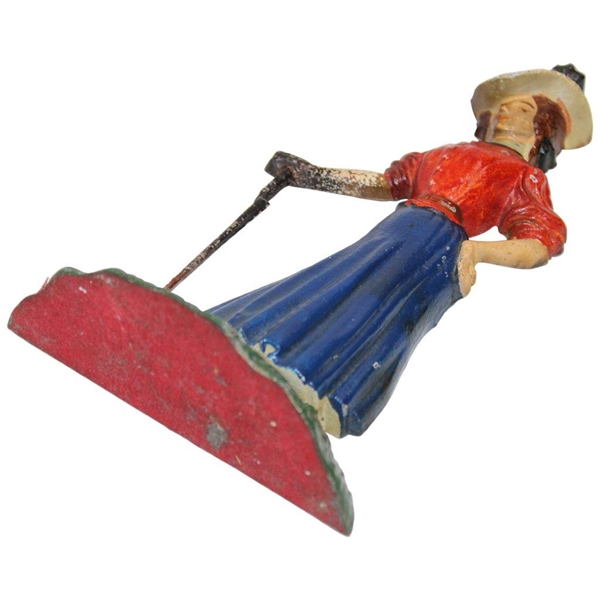 1928 Lady Golfer in Blue & Red Cast Iron Door Stop