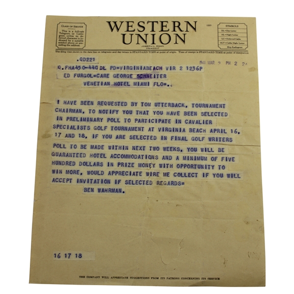 1948 Western Union Invite to Ed Furgol to Play Cavalier Specialists Golf Tournament - March 2nd