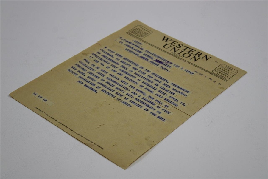1948 Western Union Invite to Ed Furgol to Play Cavalier Specialists Golf Tournament - March 2nd