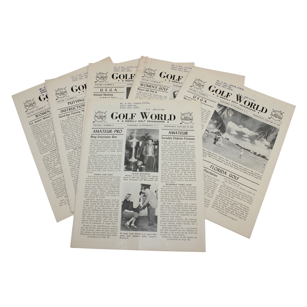 Six (6) 1947-1949 Golf World Magazines:  Jan. 19, Jan. 12, Jan. 26, Feb. 2, Feb. 16 & Feb. 23