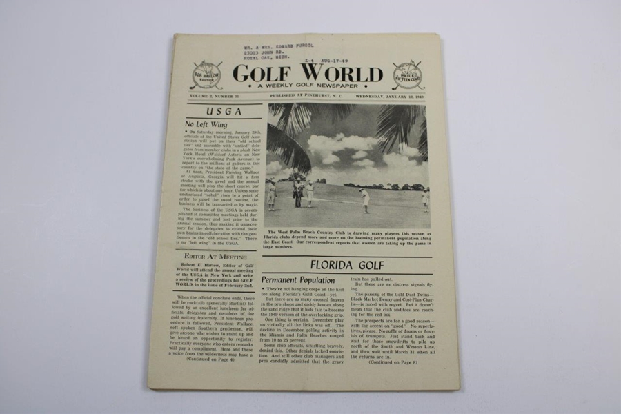 Six (6) 1947-1949 Golf World Magazines:  Jan. 19, Jan. 12, Jan. 26, Feb. 2, Feb. 16 & Feb. 23