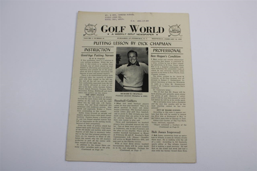 Six (6) 1947-1949 Golf World Magazines:  Jan. 19, Jan. 12, Jan. 26, Feb. 2, Feb. 16 & Feb. 23