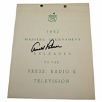 Arnold Palmer Signed 1962 Masters Tournament Press Release Guide JSA ALOA