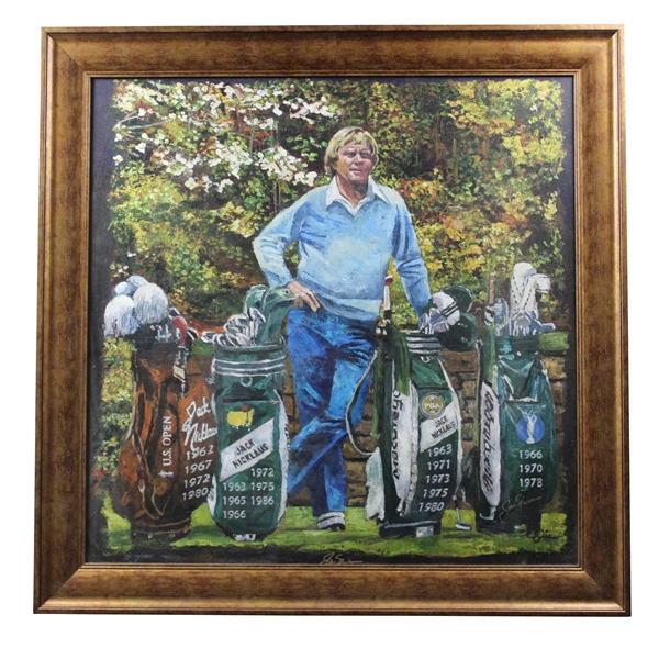 Jack Nicklaus Signed Major Victories Golf Bags Painting Print on Canvas - Framed JSA ALOA