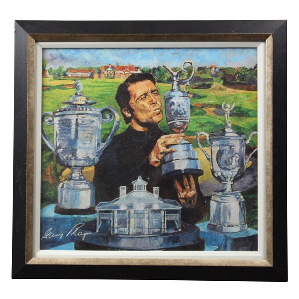 Gary Player With All Four (4) Major Victories Trophies Painting Print - Framed