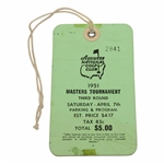 1951 Masters Tournament 3rd Rd Saturday Ticket #2841 w/Original String - Ben Hogan Winner