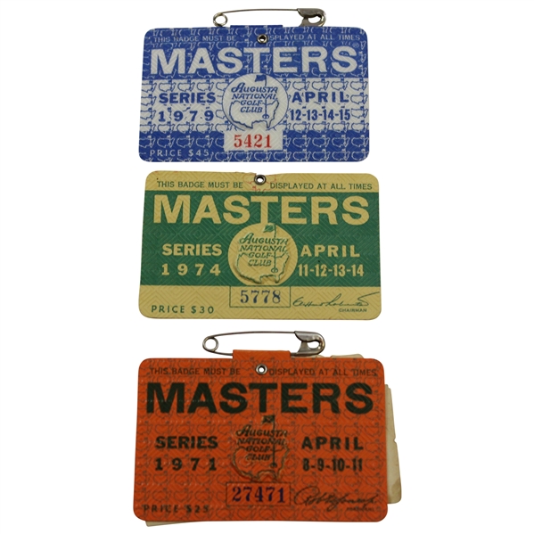 1971, 1974 & 1979 Masters Tournament SERIES Badges - Coody, Player & Zoeller Winners