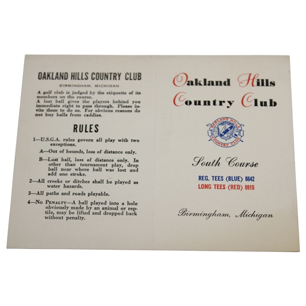 Oakland Hills Country Club Used Scorecard