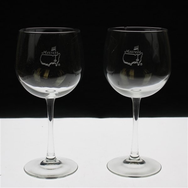 Pair of Classic Masters Tournament Logo Red Wine Stem Glasses - One Has Crack