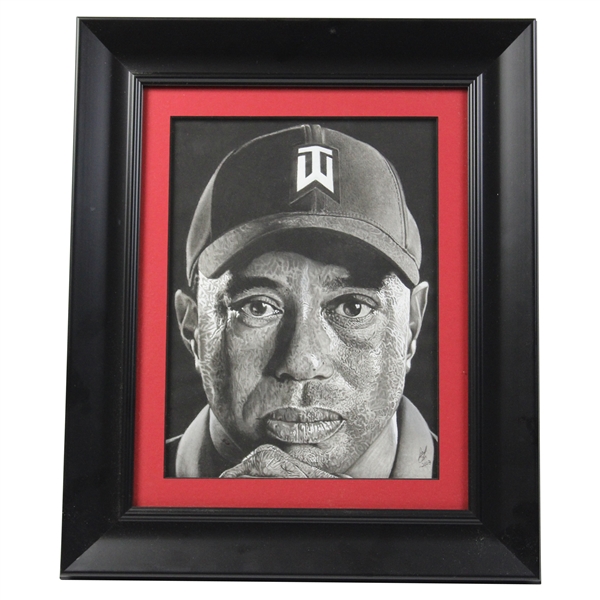 Original Hand Drawn Tiger Woods Picture with Graphite, Charcoal & Paint by Artist Jon Slagh - Framed