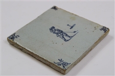 Original Delft tile 5 ¼” x 5 ¼” of a Colf player +/- from 1650 - 1700