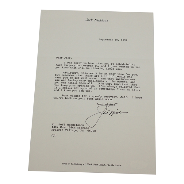 Jack Nicklaus Signed 1992 Letter JSA COA# HH62618