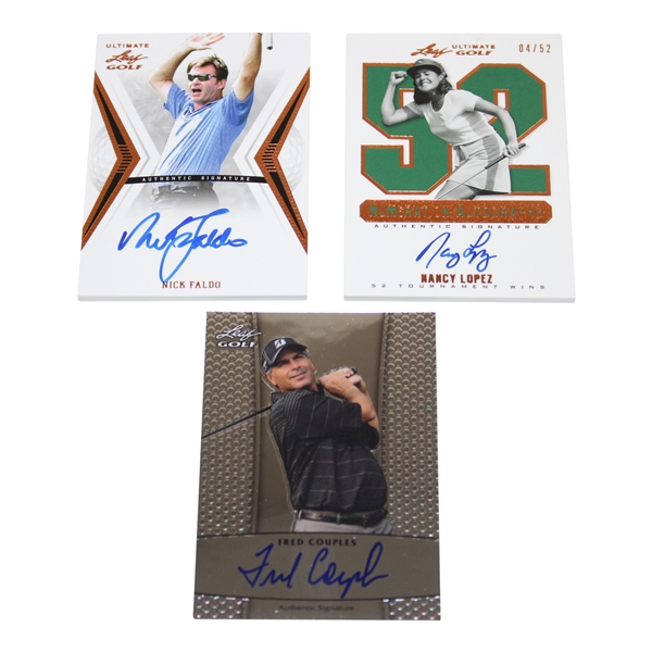 Nick Faldo, Fred Couples & Nancy Lopez Signed Ultimate Leaf Golf Cards 