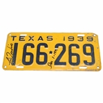Lee Trevino Signed 1939 Texas License Plate With  Dec1 1929 Birth Inscription JSA ALOA