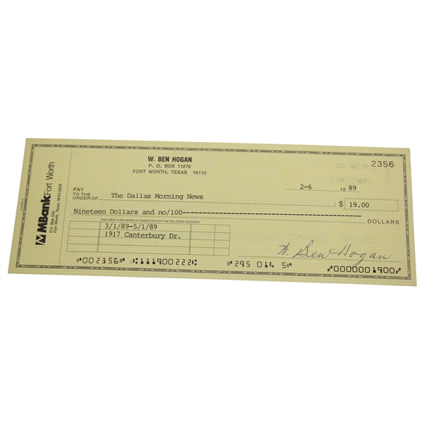 Ben Hogan Signed Bank One Check to The Dallas Morning News JSA ALOA