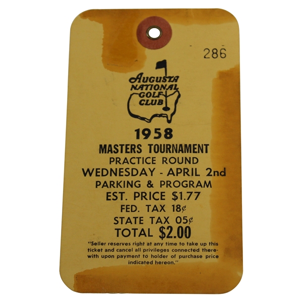1958 Masters Tournament Wednesday Ticket #286 - Arnold Palmer 1st Win