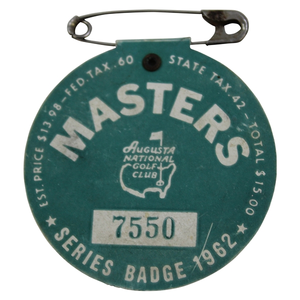 1962 Masters Tournament Series Badge #7550 - Arnold Palmer Win