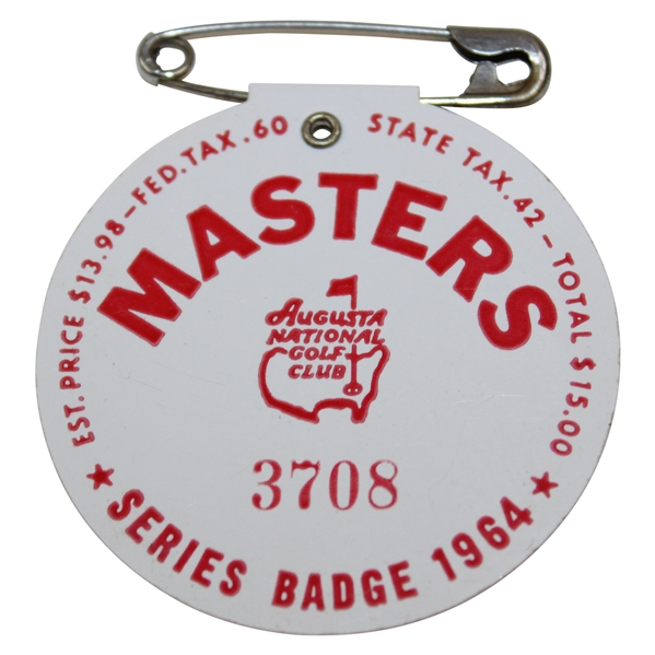 1964 Masters Tournament SERIES Badge #3708 - Arnold Palmer Win