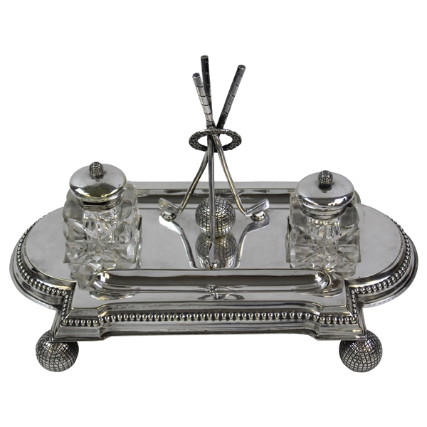 1899 Golf Themed Mappin & Webb Silver Plated Ink Stand w/Two Cut Glass Bottles
