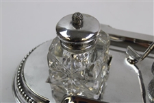 1899 Golf Themed Mappin & Webb Silver Plated Ink Stand w/Two Cut Glass Bottles