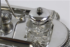 1899 Golf Themed Mappin & Webb Silver Plated Ink Stand w/Two Cut Glass Bottles