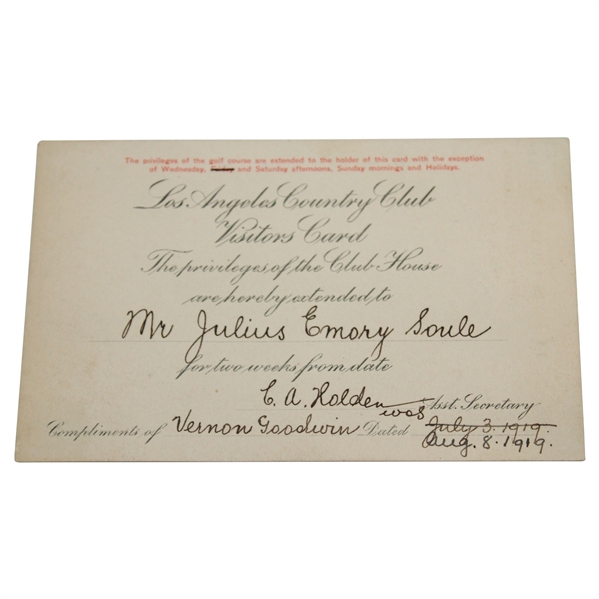 1919 Los Angeles Country Club Visitors Card - Privilege of the Clubhouse