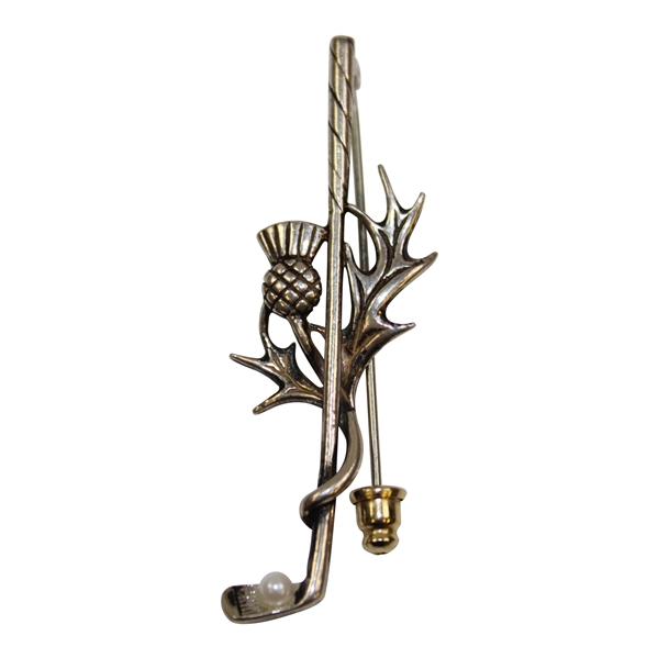 Vintage Scottish Sterling Silver Thistle Golf Club Brooch Pin w/3mm Cultured Pearl