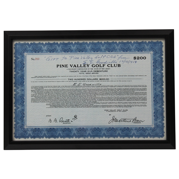 1947 Pine Valley Golf Club Bond Certificate #260 for $200 - Framed