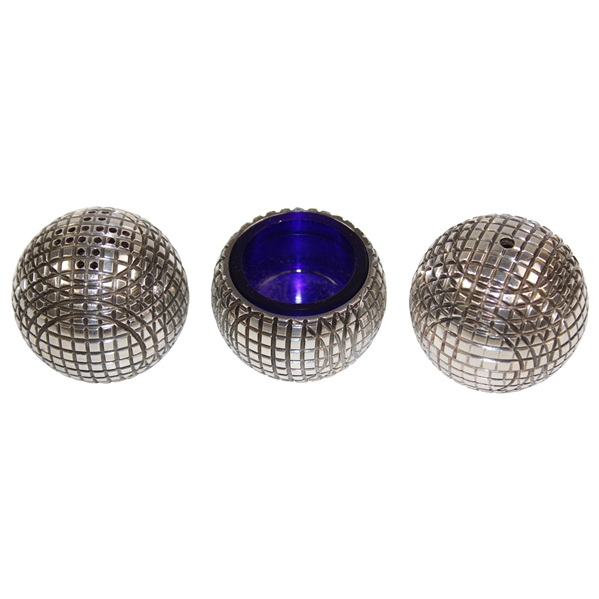 Sterling Silver Gutta Percha Golf Ball Designed Salt & Pepper Shakers w/Mustard Pot
