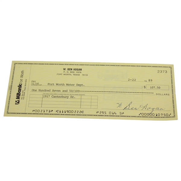 Ben Hogan Signed Bank One Check to Forth Worth Water Department JSA ALOA