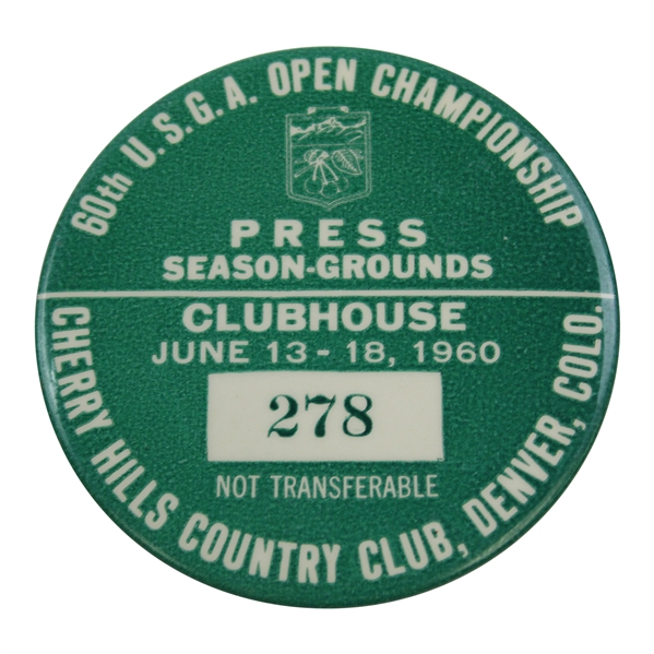 1960 US Open at Cherry Hills Clubhouse Press Badge #278 – Palmer Win