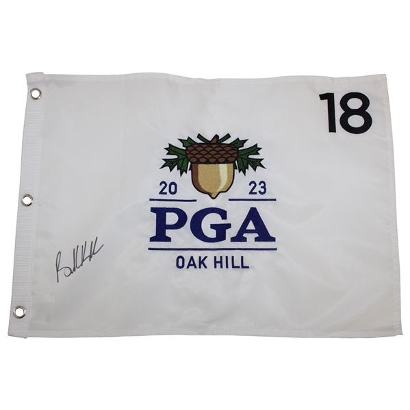 Brooks Koepka Signed 2023 PGA at Oak Hill White Embroidered Flag JSA ALOA