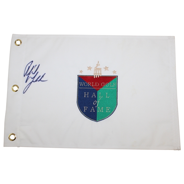 Phil Mickelson Signed World Golf Hall of Fame White Embroidered Flag JSA ALOA