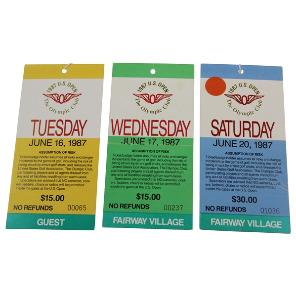 Three (3) 1987 US Open at The Olympic Club Tickets - Tuesday, Wednesday & Saturday
