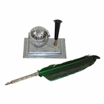 c.1920s Golf Ball Ink Stand w/Square Mesh Pattern Ball & Pen Holder, w/Quill Pen