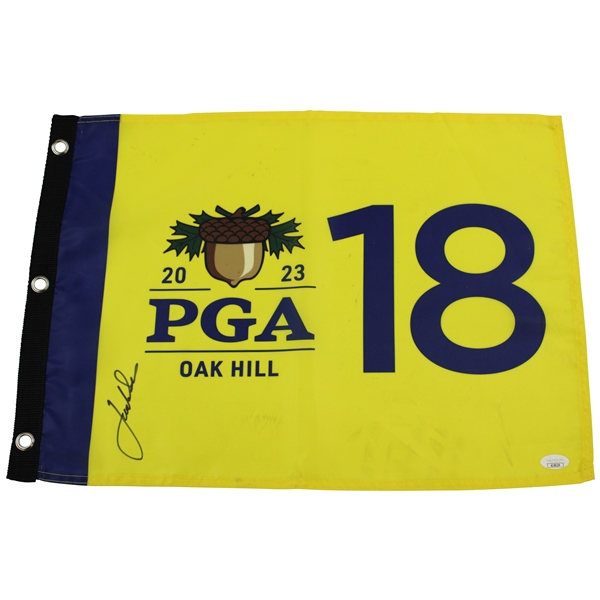 Jordan Spieth Signed 2023 PGA Championship at Oak Hill Yellow Screen Flag JSA #AJ28229