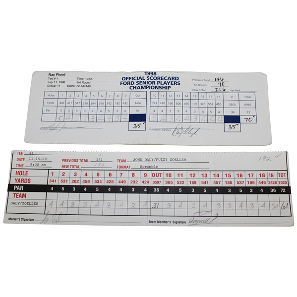 Nelson, Floyd, Daly & Zoeller Signed Official 1998 Sr. Players & 1998 Shark Shootout Scorecards