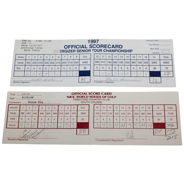 Aoki, Irwin, Appleby & Els Signed Official 1997 Sr. Tour & 1998 NEC World Series of Golf Scorecards