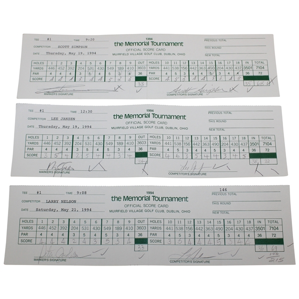 Norman, Simpson, Faldo, Janzen, Nelson & Jacobsen Signed Official 1994 The Memorial Scorecards