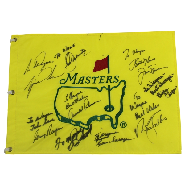 Palmer, Tiger, Seve & other Signed & Personalized Masters Undated Flag JSA ALOA