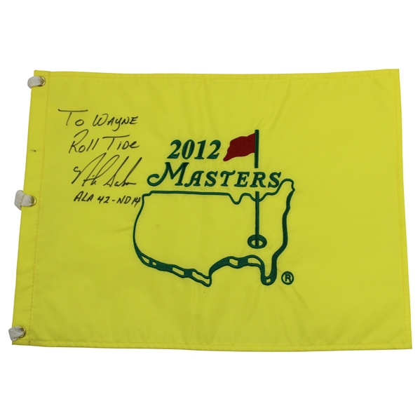 Nick Saban Signed & Personalized 2012 Masters Embroidered Flag w/Bama/Notre Dame Score JSA ALOA
