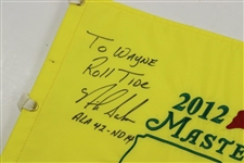 Nick Saban Signed & Personalized 2012 Masters Embroidered Flag w/Bama/Notre Dame Score JSA ALOA