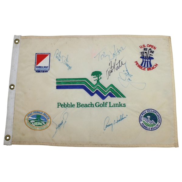 Nicklaus, Watson, Fuzzy, Curtis, Kite & Wadkins Signed Pebble Beach Embroidered Flag JSA ALOA