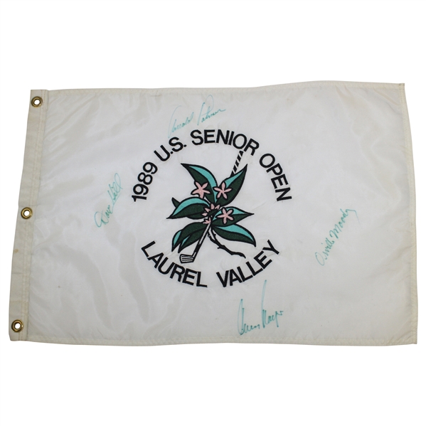 Palmer, Player, Moody & Hill Signed 1989 US Senior Open at Laurel Valley Embroidered Flag JSA ALOA