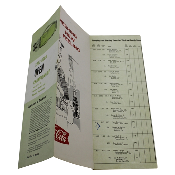 1962 US Open 3rd/4th Round Pairing Sheet - June 16, 1962 Jack Nicklaus