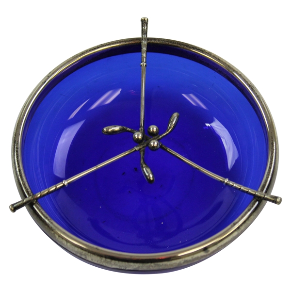 Vintage Blue Cobalt & Sterling Silver Crossed Clubs Glass Dish  - 4" Diameter