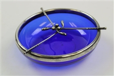 Vintage Blue Cobalt & Sterling Silver Crossed Clubs Glass Dish  - 4 Diameter